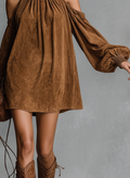 Women's Faux Suede Halter Neck Mini Dress Lantern Sleeve Loose Fit 6