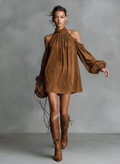Women's Faux Suede Halter Neck Mini Dress Lantern Sleeve Loose Fit 5