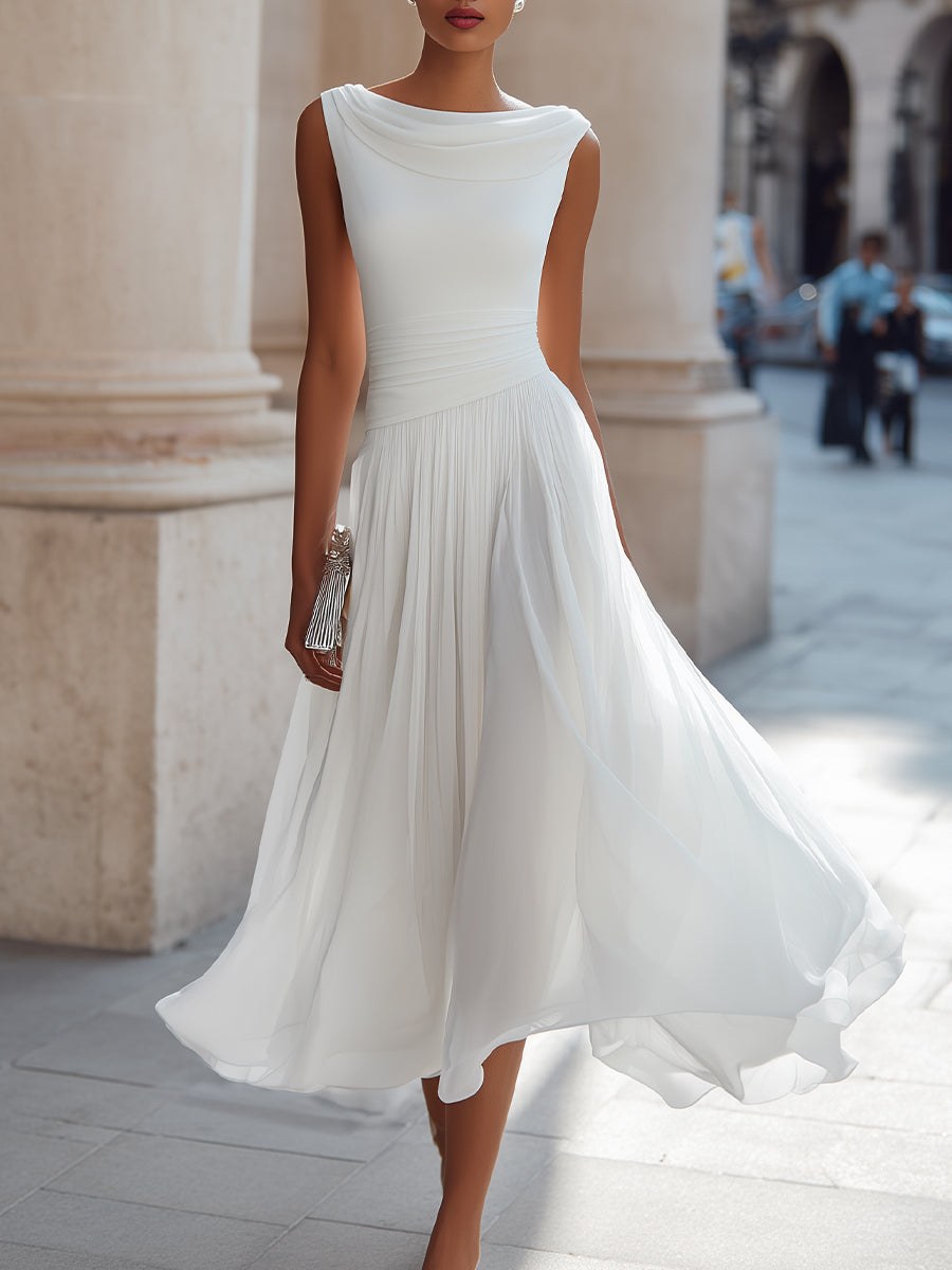 Pleated Midi Dress Draped Neck Sleeveless Fitted