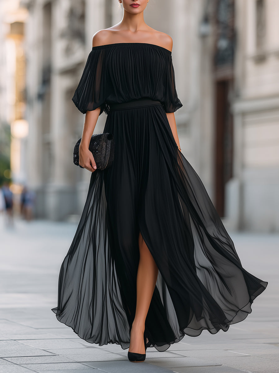 Pleated Chiffon Off-Shoulder Maxi Dress