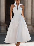 A-Line Midi Dress Structured Halter Collar Fitted 1