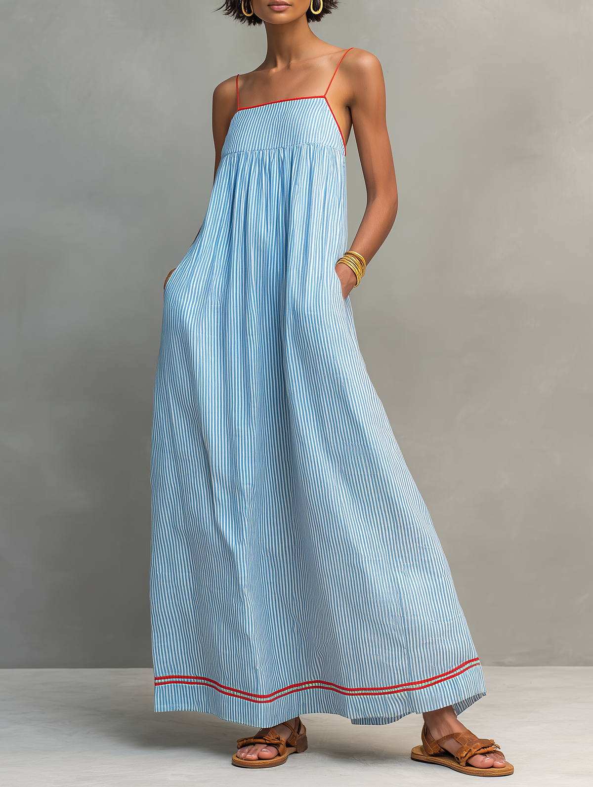 Striped Spaghetti Strap Maxi Dress with Red Trim Detail