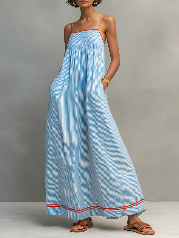 Striped Spaghetti Strap Maxi Dress with Red Trim Detail