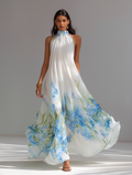 Women's White Printed Chiffon Maxi Dress Halter Neck Sleeveless 3