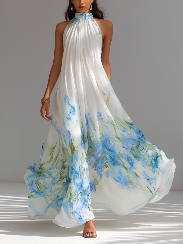 Women's White Printed Chiffon Maxi Dress Halter Neck Sleeveless