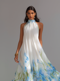 Women's White Printed Chiffon Maxi Dress Halter Neck Sleeveless 2