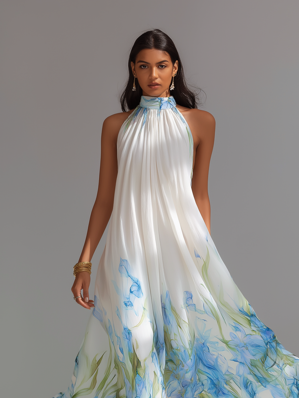 Women's White Printed Chiffon Maxi Dress Halter Neck Sleeveless