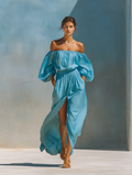 Women's Sky Blue Off-Shoulder Maxi Dress Puff Sleeve High Slit Pockets 2