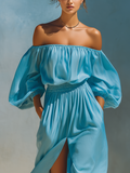 Women's Sky Blue Off-Shoulder Maxi Dress Puff Sleeve High Slit Pockets 3