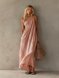 Women's Pink Cotton Linen Maxi Dress One-Shoulder Sleeveless 6