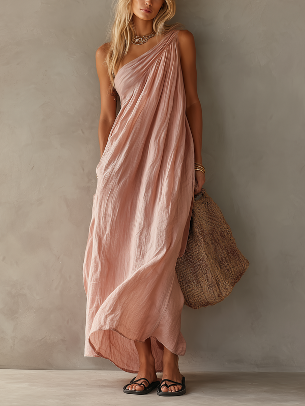 Women's Pink Cotton Linen Maxi Dress One-Shoulder Sleeveless