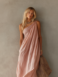 Women's Pink Cotton Linen Maxi Dress One-Shoulder Sleeveless 5