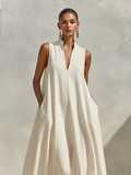Women's Cream Linen Blend Maxi Dress Stand Collar V-Neck Sleeveless 3