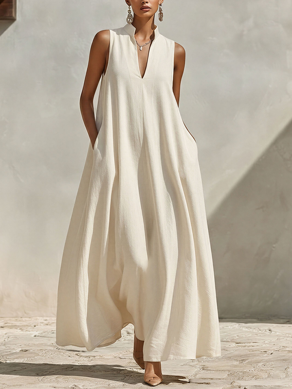 Women's Cream Linen Blend Maxi Dress Stand Collar V-Neck Sleeveless