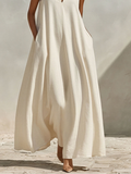 Women's Cream Linen Blend Maxi Dress Stand Collar V-Neck Sleeveless 4