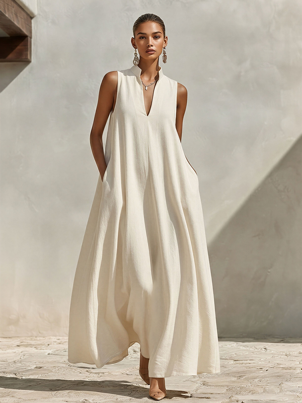 Women's Cream Linen Blend Maxi Dress Stand Collar V-Neck Sleeveless