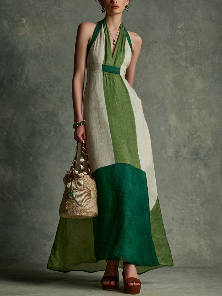 Women's Linen Cotton Halter V-Neck Maxi Dress Color Block Green White