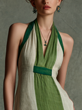 Women's Linen Cotton Halter V-Neck Maxi Dress Color Block Green White 3
