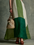 Women's Linen Cotton Halter V-Neck Maxi Dress Color Block Green White 4