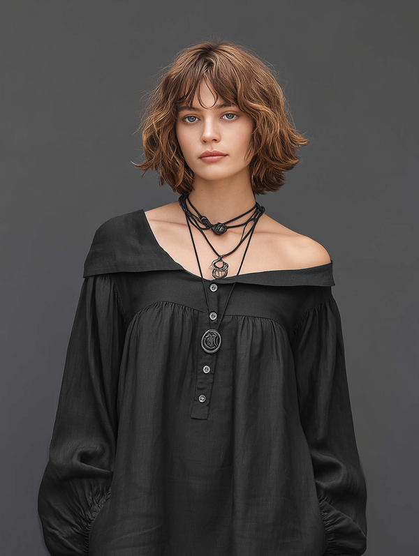 Women's Linen Blend Mini Dress Long Sleeve Asymmetrical Neckline