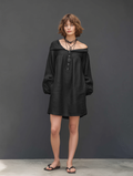 Women's Linen Blend Mini Dress Long Sleeve Asymmetrical Neckline 4