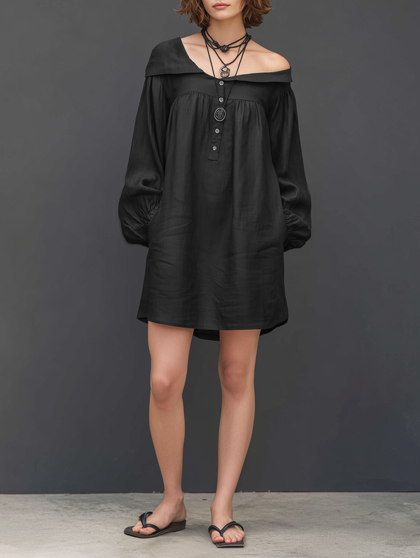 Women's Linen Blend Mini Dress Long Sleeve Asymmetrical Neckline