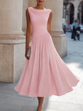 Pleated Midi Dress Draped Neck Sleeveless Fitted 3