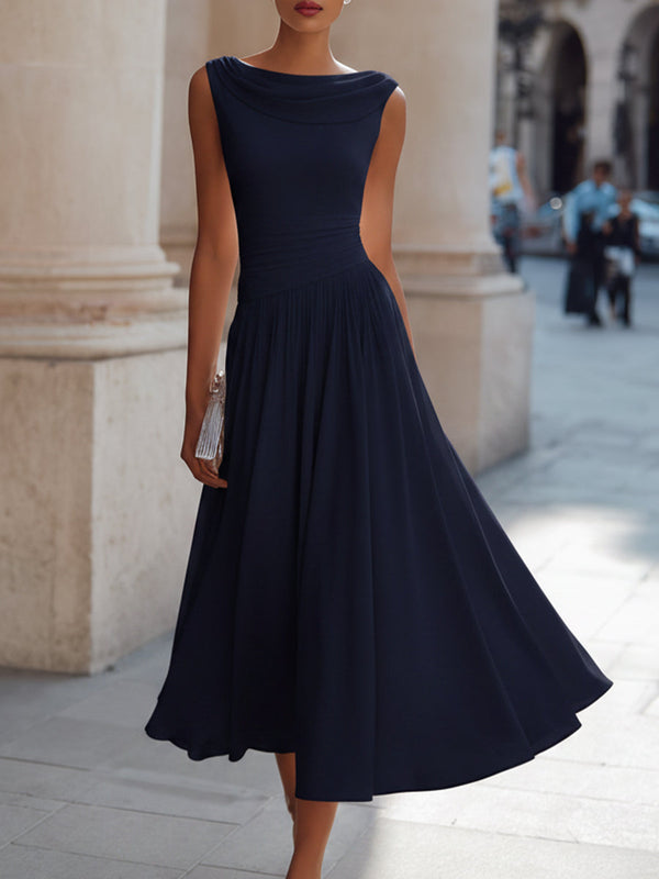 Pleated Midi Dress Draped Neck Sleeveless Fitted