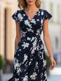 Wrap Mock Midi Dress Floral Print Ruched Fitted 3