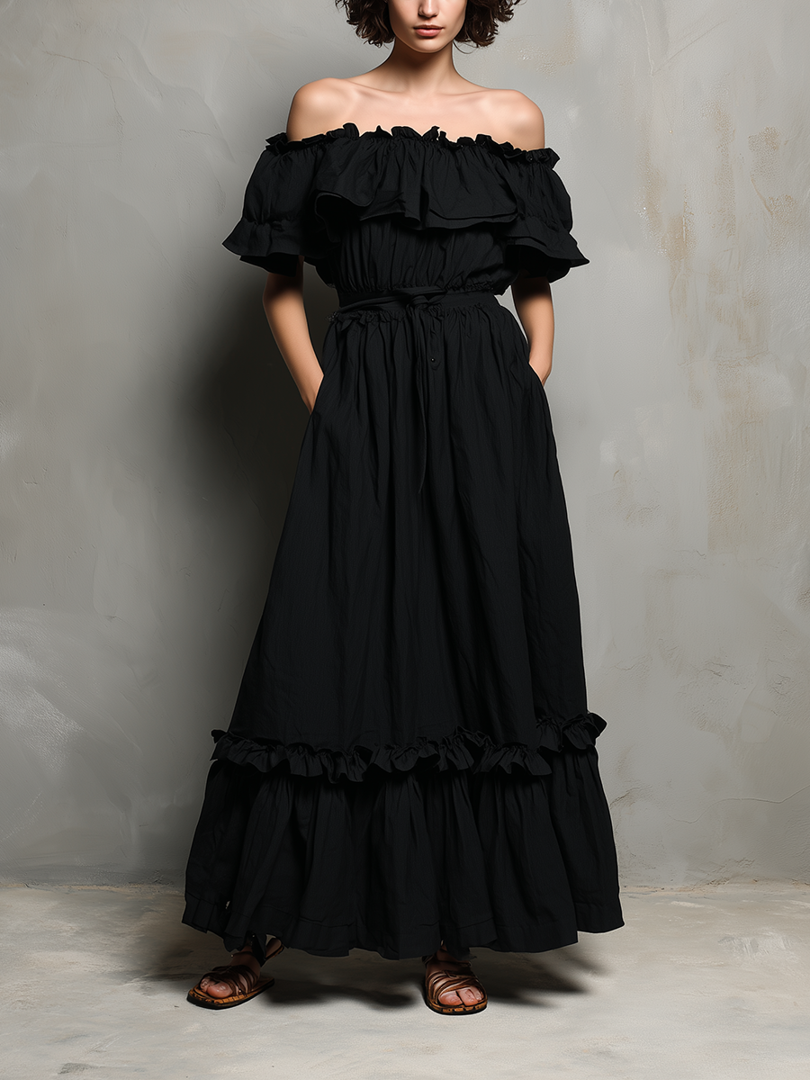 Women's Black Cotton Linen A-Line Dress Off-Shoulder Ruffle Detail