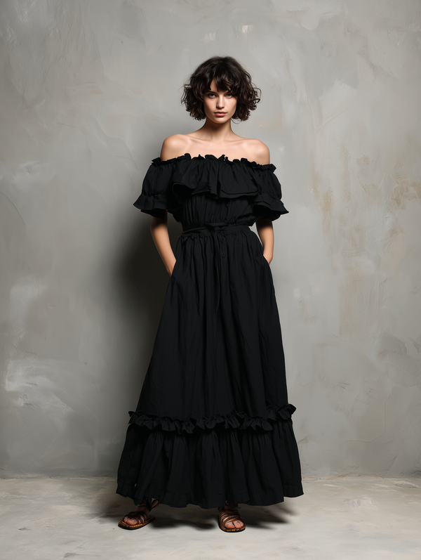 Women's Black Cotton Linen A-Line Dress Off-Shoulder Ruffle Detail