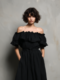 Women's Black Cotton Linen A-Line Dress Off-Shoulder Ruffle Detail 3