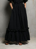 Women's Black Cotton Linen A-Line Dress Off-Shoulder Ruffle Detail 4