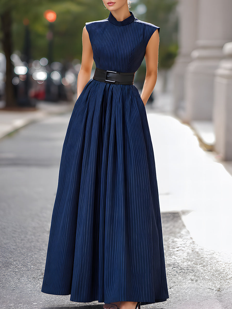 Pleated Maxi Dress Sleeveless Belted Waist