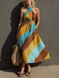 Women's Printed Woven Halter-Neck Maxi Dress Sleeveless Casual 1