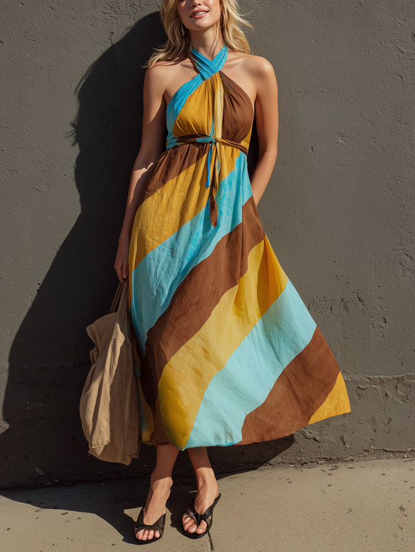 Women's Printed Woven Halter-Neck Maxi Dress Sleeveless Casual