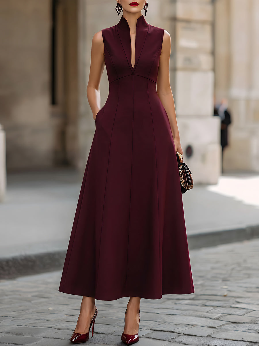 Burgundy Sleeveless Maxi Dress Tailored Fit