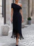 One-Shoulder Midi Dress Fringe Hem Fitted 1