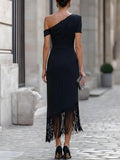 One-Shoulder Midi Dress Fringe Hem Fitted 4