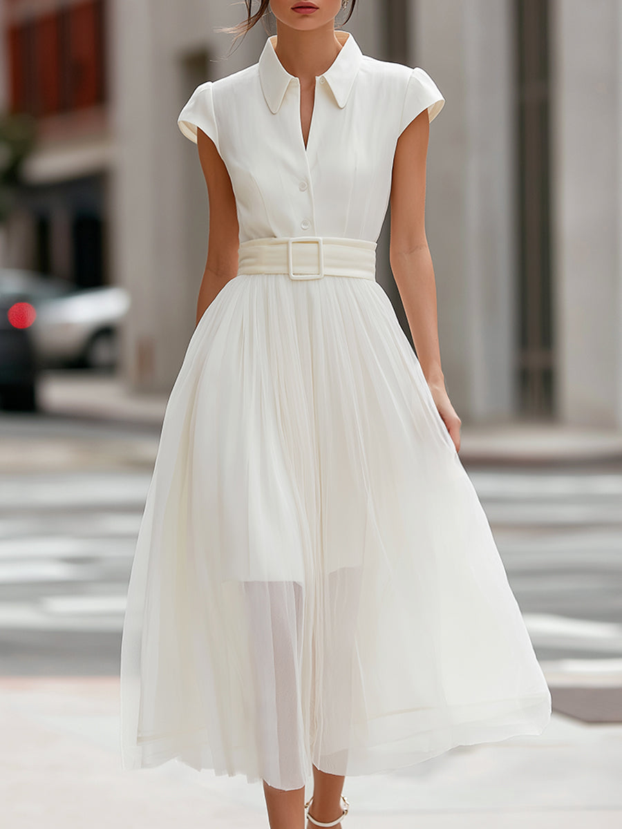 Tulle Midi Dress Collared Cap Sleeve A-Line
