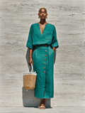 Women's Teal Linen Blouse and Wrap Skirt Set 3/4 Sleeve 2