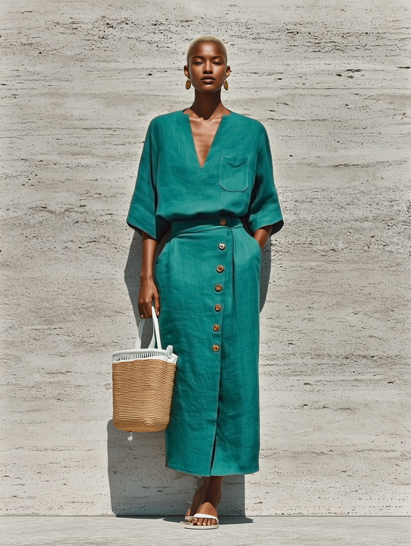 Women's Teal Linen Blouse and Wrap Skirt Set 3/4 Sleeve