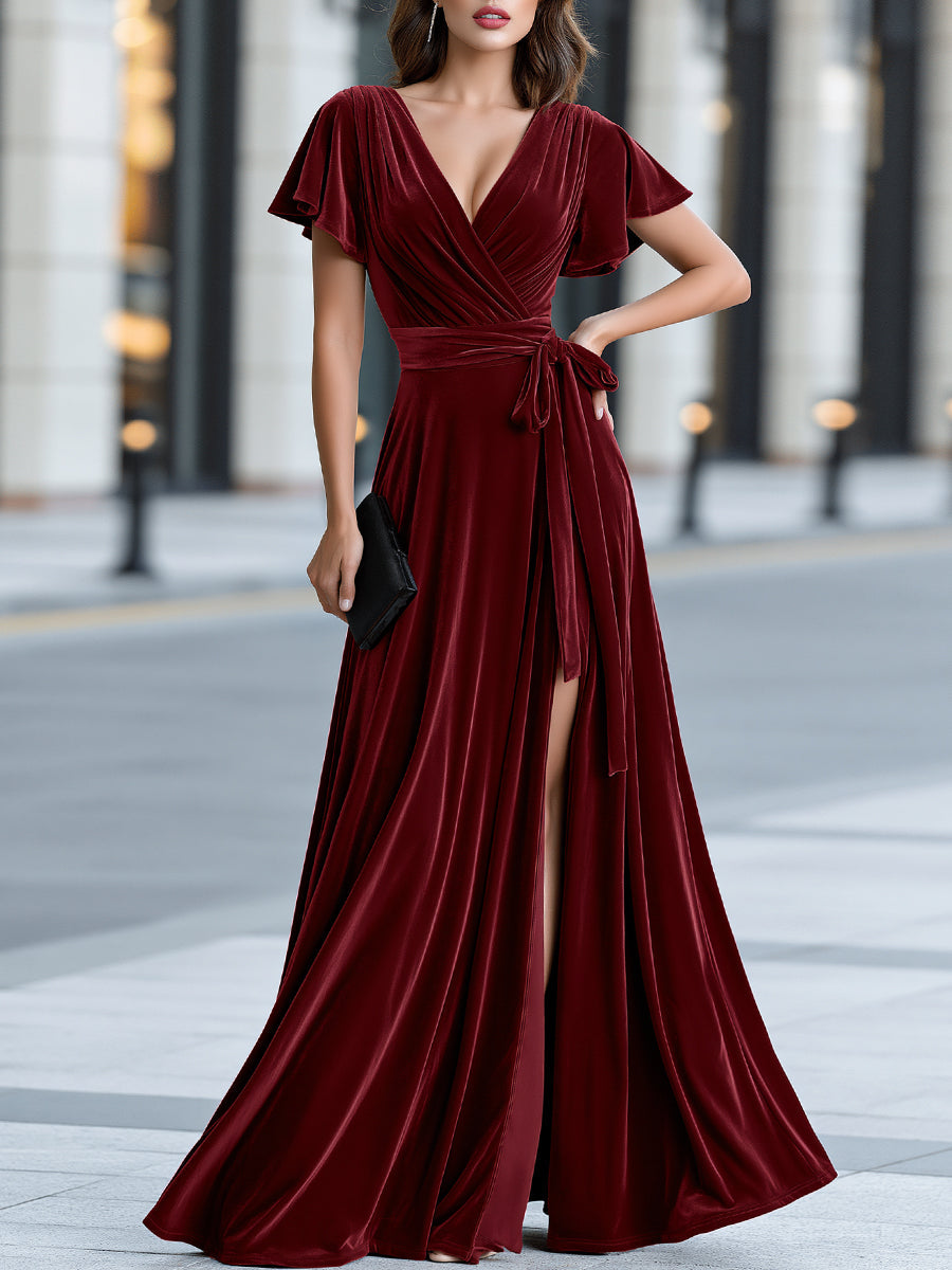 Velvet Wrap Maxi Dress Flutter Sleeves