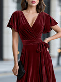 Velvet Wrap Maxi Dress Flutter Sleeves 2