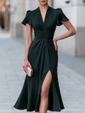 V-Neck Midi Dress Ruched Waist Flutter Sleeve 1