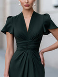 V-Neck Midi Dress Ruched Waist Flutter Sleeve 3