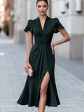 V-Neck Midi Dress Ruched Waist Flutter Sleeve 2