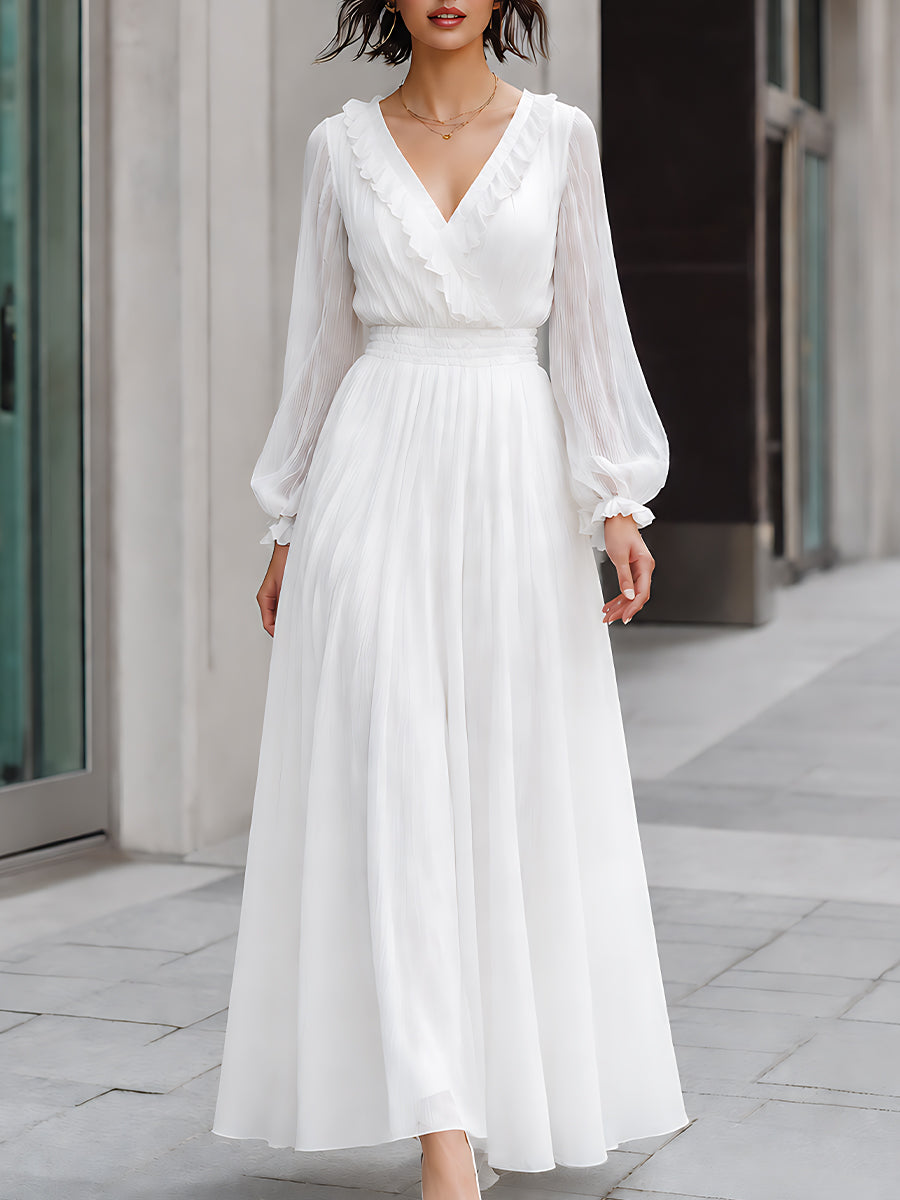 Pleated Maxi Dress Ruffle Trim Flowy Fit