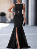 Mermaid Maxi Dress Belted Chiffon Skirt Front Slit 1
