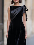 Velvet Midi Dress Satin Shoulder Bow Detail 2